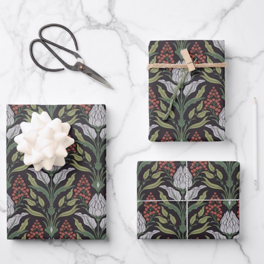 Art Nouveau Bloemen Zwart Rood Groen Grijs Inpakpapier Vel (Voorkant)