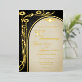 Art Nouveau Bloemenboog Zwart en Gouden folie Folie Uitnodiging (Staand Voorkant)