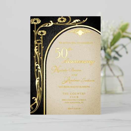 Art Nouveau Bloemenboog Zwart en Gouden folie Folie Uitnodiging (Staand Voorkant)