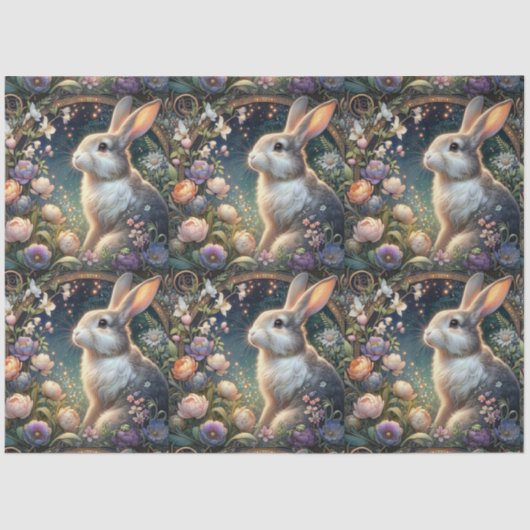 Art Nouveau Bloemenbos Konijn Decoupage Pasen Tissuepapier (Voorkant)