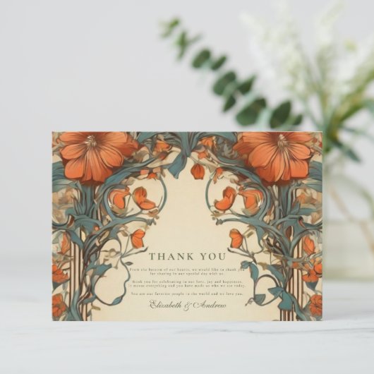 Art Nouveau Bloemenbruiloft Bedankkaart (Staand voorkant)
