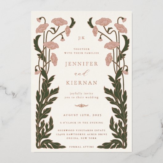 Art Nouveau Bloemenbruiloft Folie Uitnodiging (Voorkant)