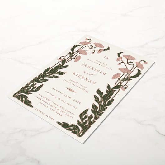 Art Nouveau Bloemenbruiloft Folie Uitnodiging (Gedraaid)