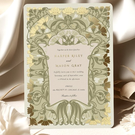 Art Nouveau Bloemenbruiloft in warme aardetinten Folie Uitnodiging