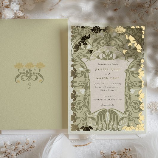 Art Nouveau Bloemenbruiloft in warme aardetinten Folie Uitnodiging