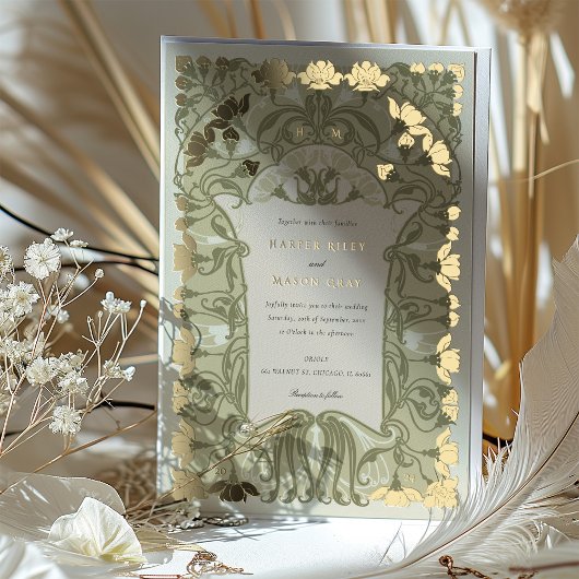 Art Nouveau Bloemenbruiloft in warme aardetinten Folie Uitnodiging