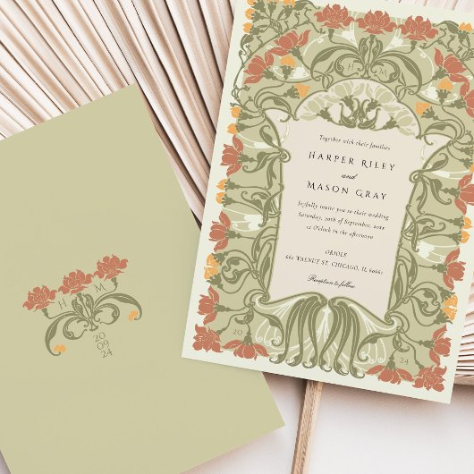 Art Nouveau Bloemenbruiloft in warme aardetinten Kaart