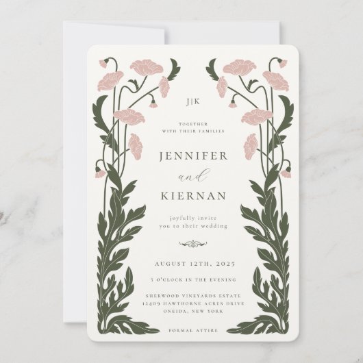 Art Nouveau Bloemenbruiloft Kaart (Voorkant)