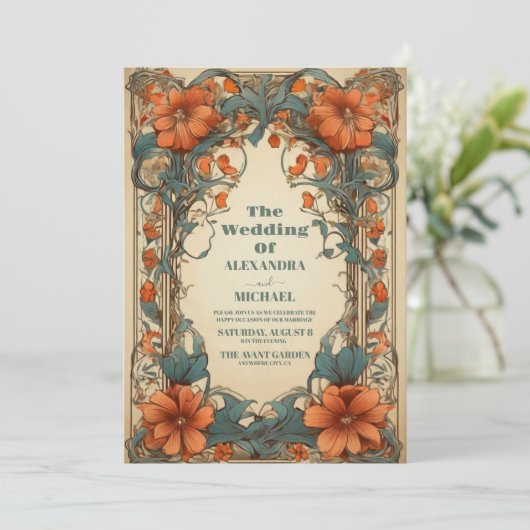 Art Nouveau Bloemenbruiloft Kaart (Staand voorkant)