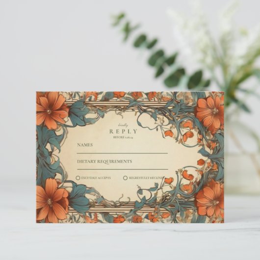  Art Nouveau Bloemenbruiloft RSVP Kaartje (Staand voorkant)