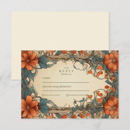 Art Nouveau Bloemenbruiloft RSVP Kaartje (Voorkant / Achterkant)