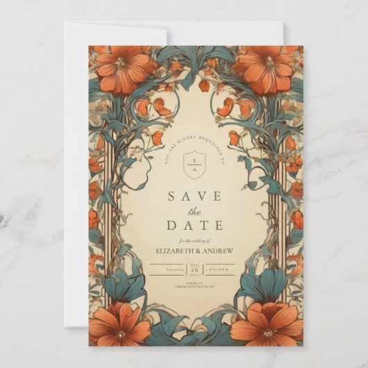  Art Nouveau Bloemenbruiloft Save The Date (Voorkant)