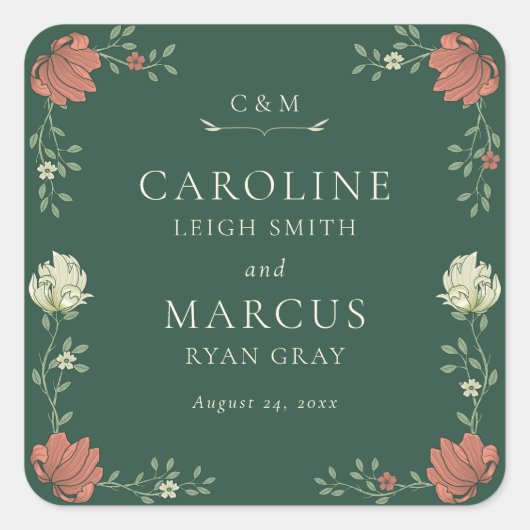  Art Nouveau Bloemenbruiloft Vierkante Sticker (Voorkant)