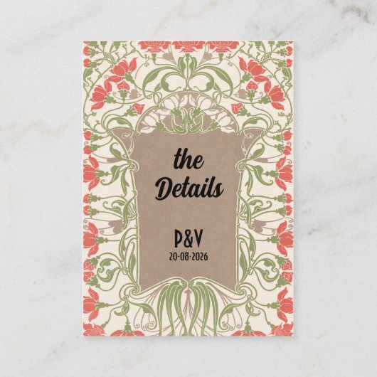 Art Nouveau bloemenelegantie bruiloft details Informatiekaartje (Achterkant)