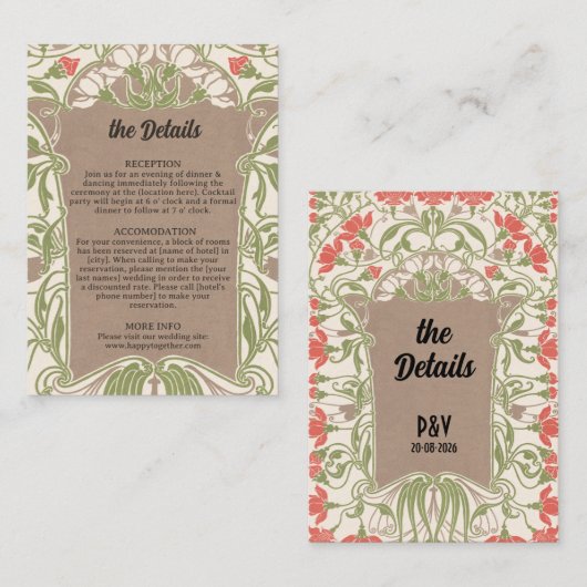 Art Nouveau bloemenelegantie bruiloft details Informatiekaartje (Voorkant / Achterkant)