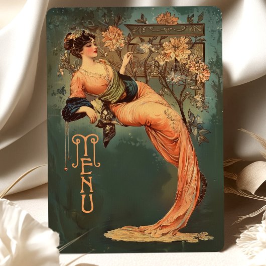 Art Nouveau Bloemengodin Menu Kaart Blauwgroen Per
