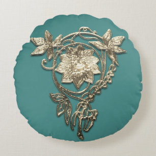 Art nouveau bloemenjuweel goud en blauwgroen groen rond kussen