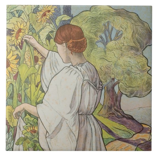 Art Nouveau Bloemenvrouw Mucha Frans Groene Daisy Tegeltje (Voorkant)
