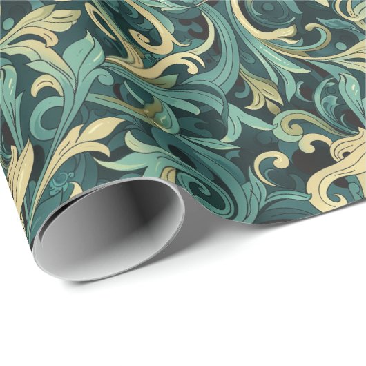 Art Nouveau Bloemenwijnpatroon met Blauwgroen & Gr Cadeaupapier (Rol Hoek)