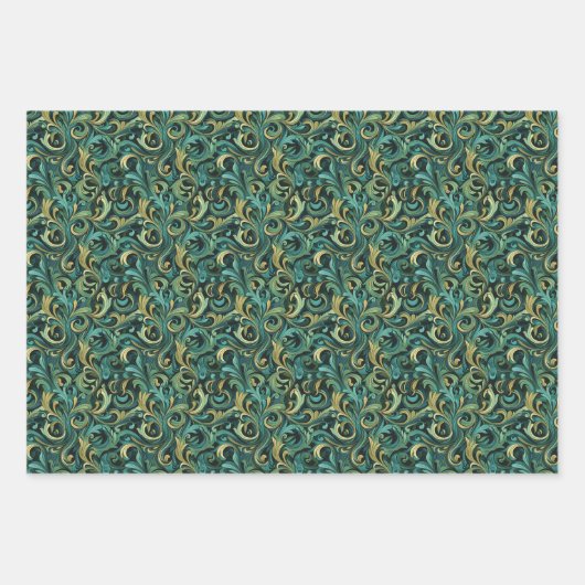 Art Nouveau Bloemenwijnpatroon met Blauwgroen & Gr Inpakpapier Vel (Voorkant 3)