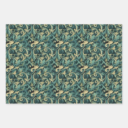 Art Nouveau Bloemenwijnpatroon met Blauwgroen & Gr Inpakpapier Vel (Voorkant)