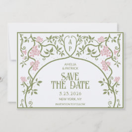 Art Nouveau bloemige trouw groen en roze Save The Date