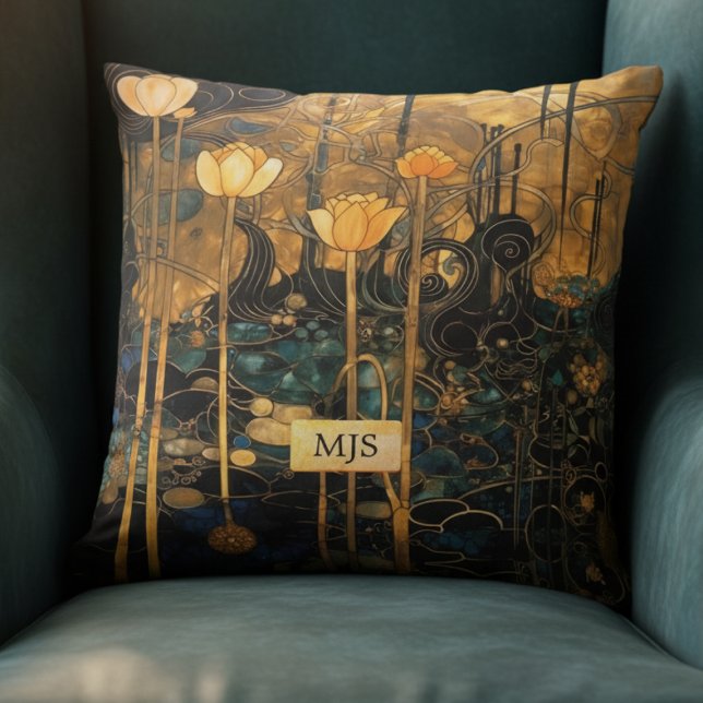 Art Nouveau bloemmotief Kussen (elegant luxurious vintage Art Nouveau floral throw pillow with personalized monogram initials)