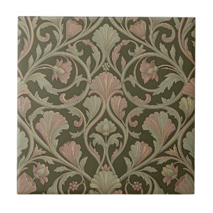 Art Nouveau bloempatroon donkergroen roze vintage Tegeltje