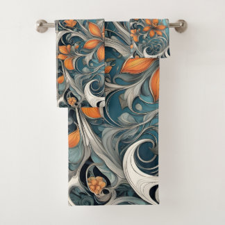Art Nouveau bloempatroon turquoise oranje Bad Handdoek