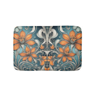 Art Nouveau bloempatroon turquoise oranje Badmat