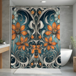 Art Nouveau bloempatroon turquoise oranje Douchegordijn