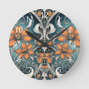 Art Nouveau bloempatroon turquoise oranje Ronde Klok