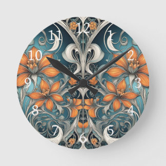 Art Nouveau bloempatroon turquoise oranje Ronde Klok