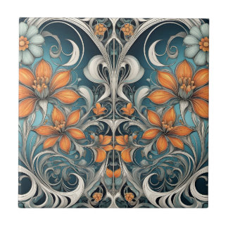 Art Nouveau bloempatroon turquoise oranje Tegeltje