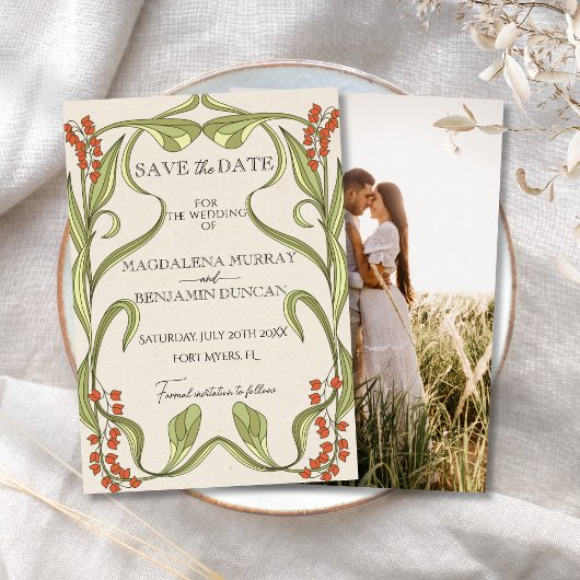 Art Nouveau bloemrijke lijst oranje groene foto Save The Date