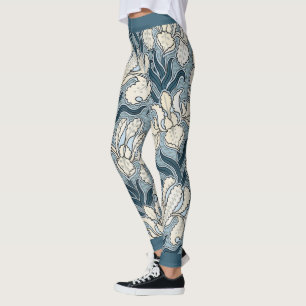 Art Nouveau, Blue Garden Iris Flowers Leggings