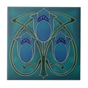 Art Nouveau Blue Green Tulip Trio Repro c1900  Tegeltje