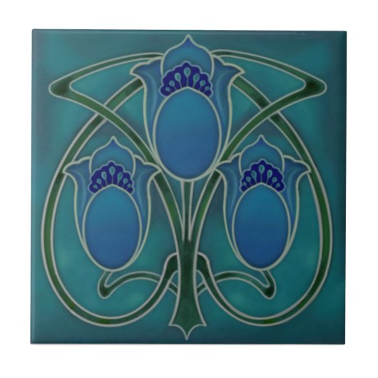 Art Nouveau Blue Green Tulip Trio Repro c1900 Tegeltje (Voorkant)