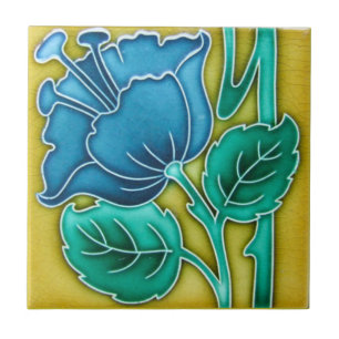 Art Nouveau Blue Poppy Ceramic Tile Tegeltje