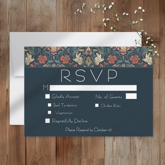 Art Nouveau Blue William Morris Floral Wedding RSVP Kaartje