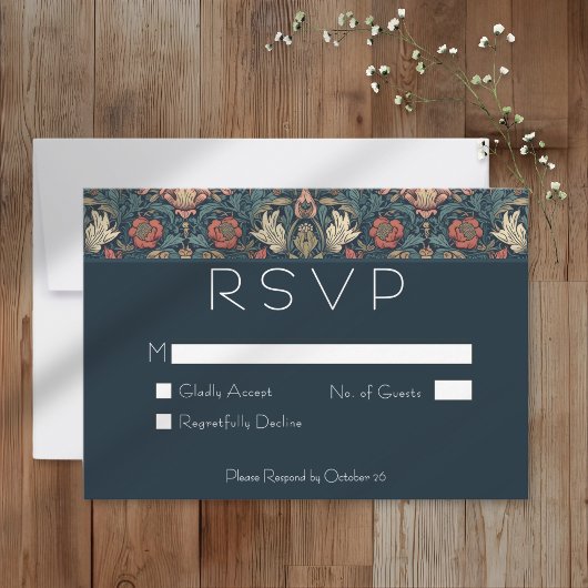 Art Nouveau Blue William Morris Floral Wedding RSVP Kaartje