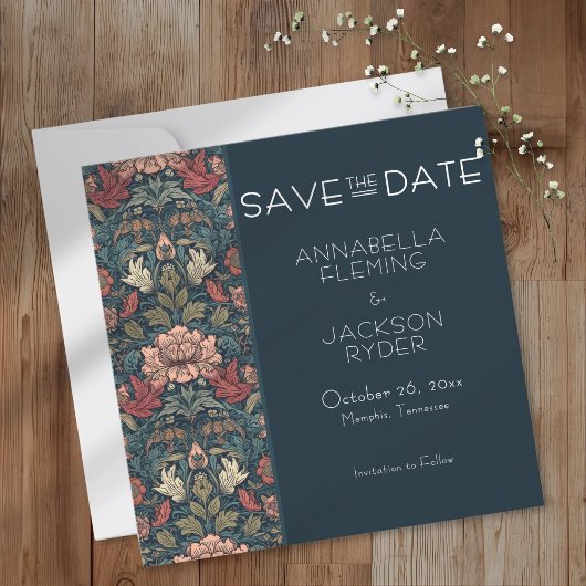 Art Nouveau Blue William Morris Floral Wedding Save The Date