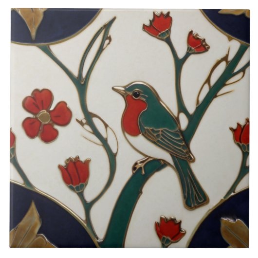 Art Nouveau Bluebird Rood & Blauw Vogel Art Deco Tegeltje (Voorkant)