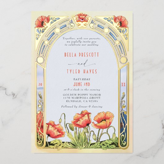 Art Nouveau Bold Bright Poppies Wildflower Huwelij Folie Uitnodiging (Voorkant)