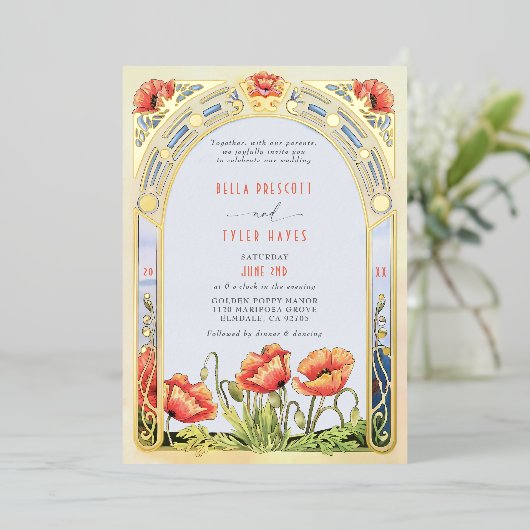 Art Nouveau Bold Bright Poppies Wildflower Huwelij Folie Uitnodiging (Staand Voorkant)