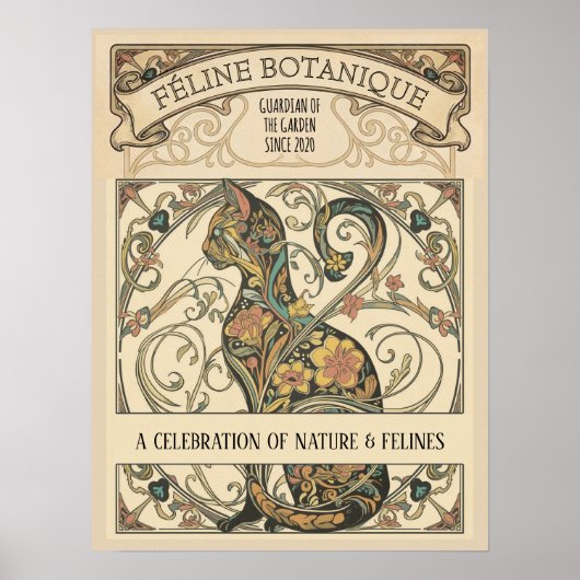 Art Nouveau Botanical Feline Ornamental Art Poster (Voorkant)
