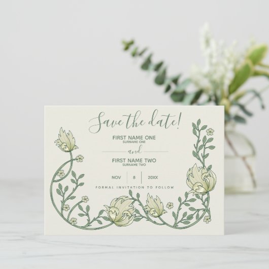 Art Nouveau Botanical, script Save The Date (Staand voorkant)