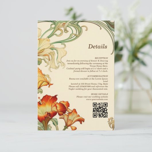 Art Nouveau Botanische Details QR Code RSVP Kaartje (Staand voorkant)