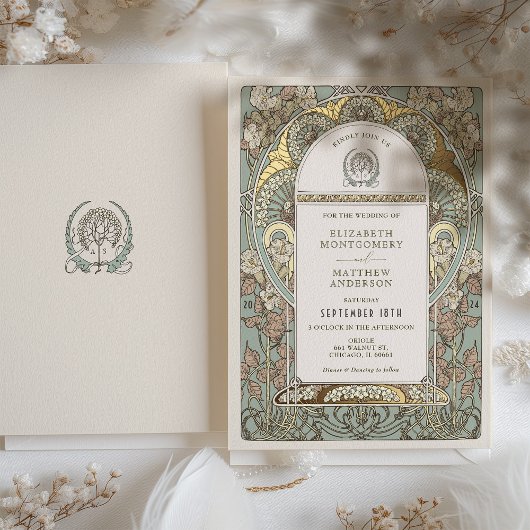 Art Nouveau Botanische Folie Bruiloft Gouden Accen Folie Uitnodiging