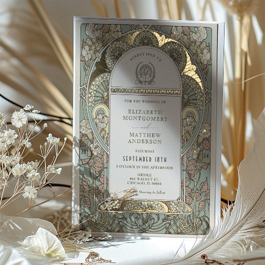 Art Nouveau Botanische Folie Bruiloft Gouden Accen Folie Uitnodiging